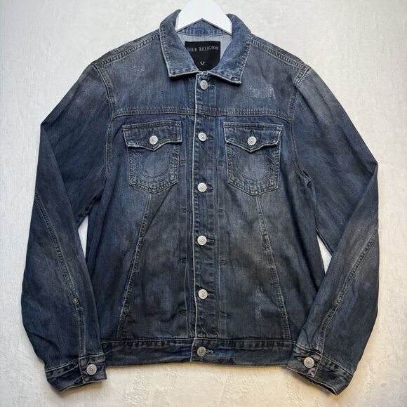TRUE RELIGION Dylan Distressed Denim Trucker Jacket Flap Pockets Indigo Mens L - Picture 2 of 12